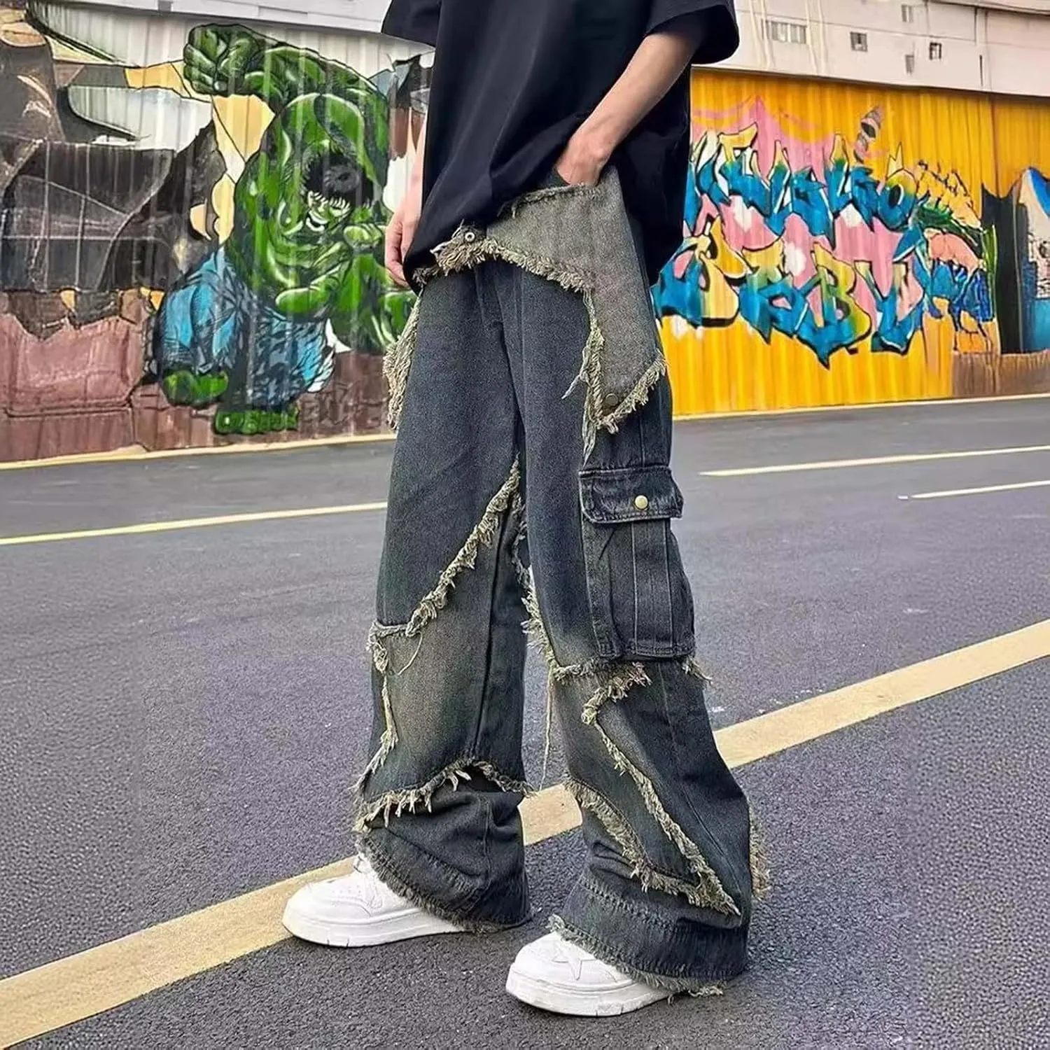 Men's Baggy Jeans Y2k Boyfriend Ripped Jeans Wide Leg Hip Hop Denim Pants Grunge Summer Baggy Cargo Pants