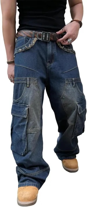 Men's Baggy Jeans Y2K Vintage Wide Leg Denim Pants Hip Hop Skater Jeans Loose Fit Trousers 2000s Streetwear