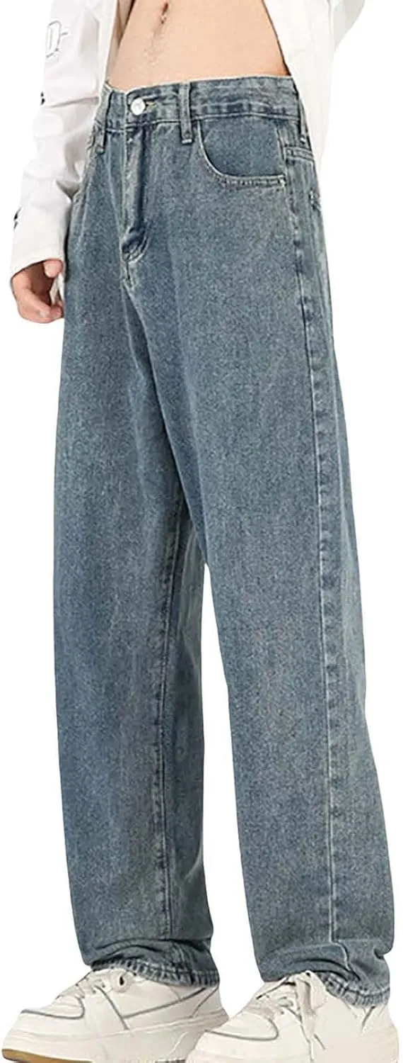 Men's Baggy Wide Leg Jeans Hip Hop Skater High Street Denim Pants Casual Trendy Loose Fit Long Streetwear Trousers