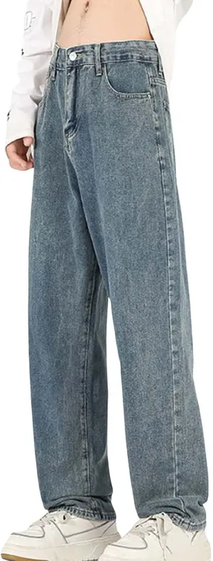 Men's Baggy Wide Leg Jeans Hip Hop Skater High Street Denim Pants Casual Trendy Loose Fit Long Streetwear Trousers