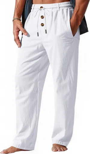 Mens Casual Linen Pants Loose Fit Elastic Drawstring Waist Straight-Legs Summer Yoga Beach Long Pants