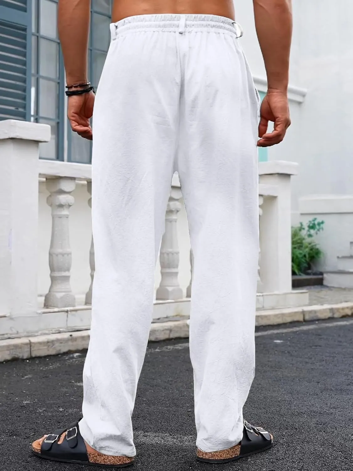 Mens Casual Linen Pants Loose Fit Elastic Drawstring Waist Straight-Legs Summer Yoga Beach Long Pants