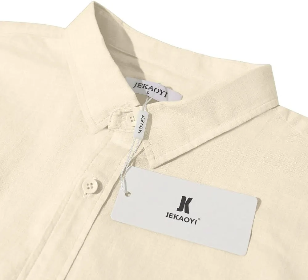Mens Casual Long Sleeve Cotton Linen Shirts Buttons Down Solid Plain Roll-Up Sleeve Summer Beach Shirts