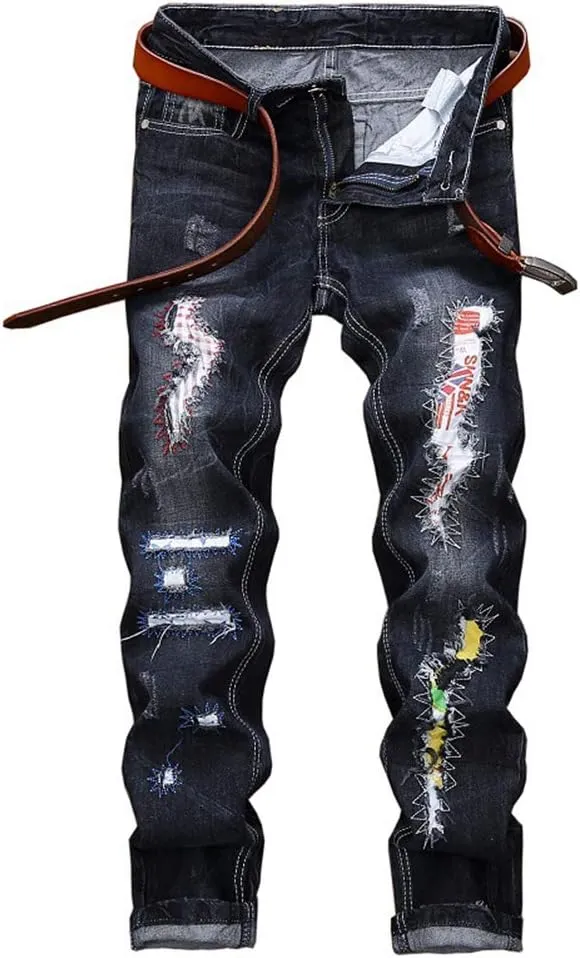 Men's Colorful Ripped Holes Straight Fit Jeans