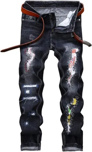 Men's Colorful Ripped Holes Straight Fit Jeans