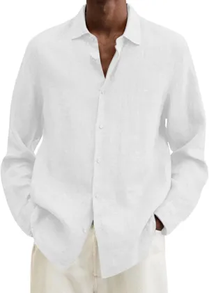 Mens Cotton Linen Long Sleeve Shirts Casual Lightweight Button Down T-shirts Summer Vacation Beach Tops Cuban Shirt