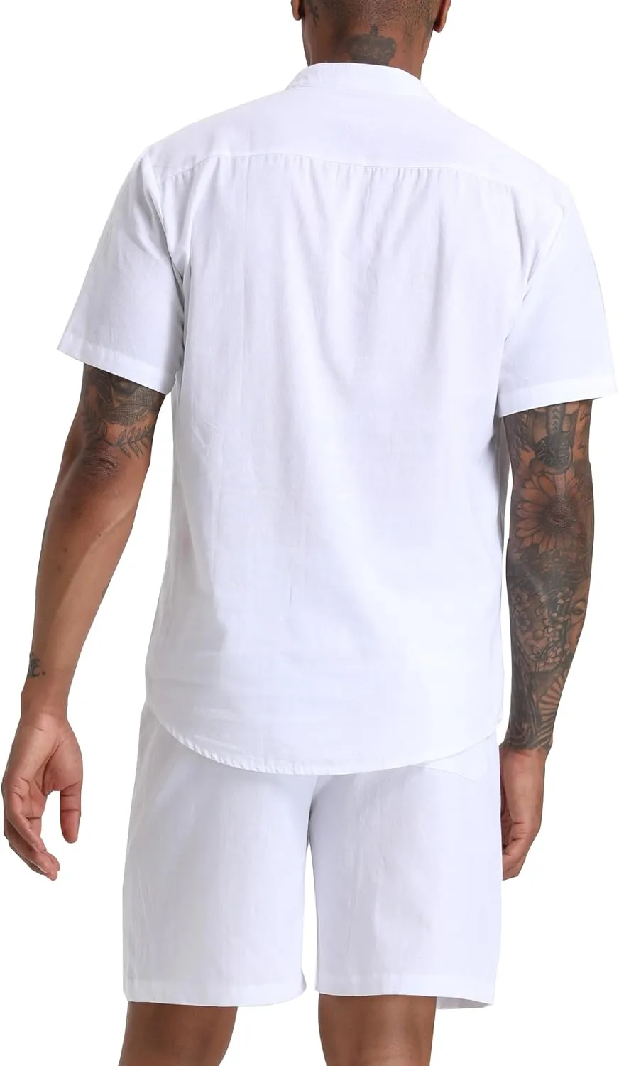 Men's Cotton Linen Set Henley Shirts Shorts outfits 2 Piece Beach Clothes Vacation Matching Suit Summer Wear