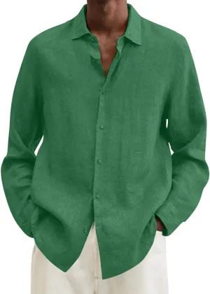 Men's Cotton Linen Shirt Long Sleeve Button Down Solid Color Shirts Lightweight Breathable Spring and Summer T Shirt