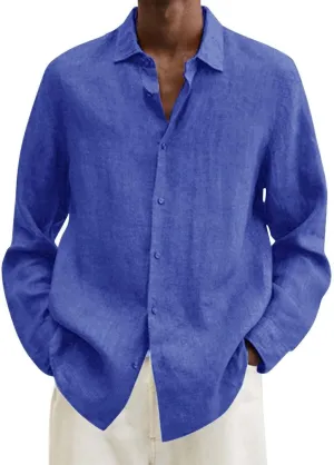Men's Cotton Linen Shirt Long Sleeve Button Down Solid Color Shirts Lightweight Breathable Spring and Summer T Shirt