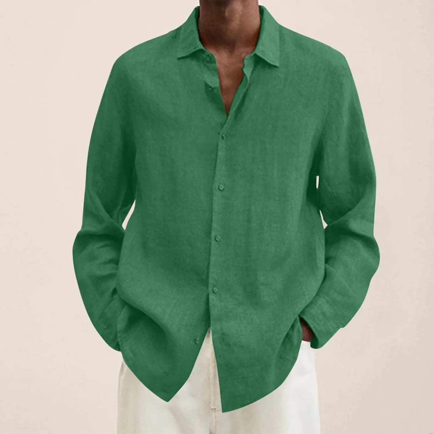 Men's Cotton Linen Shirt Long Sleeve Button Down Solid Color Shirts Lightweight Breathable Spring and Summer T Shirt