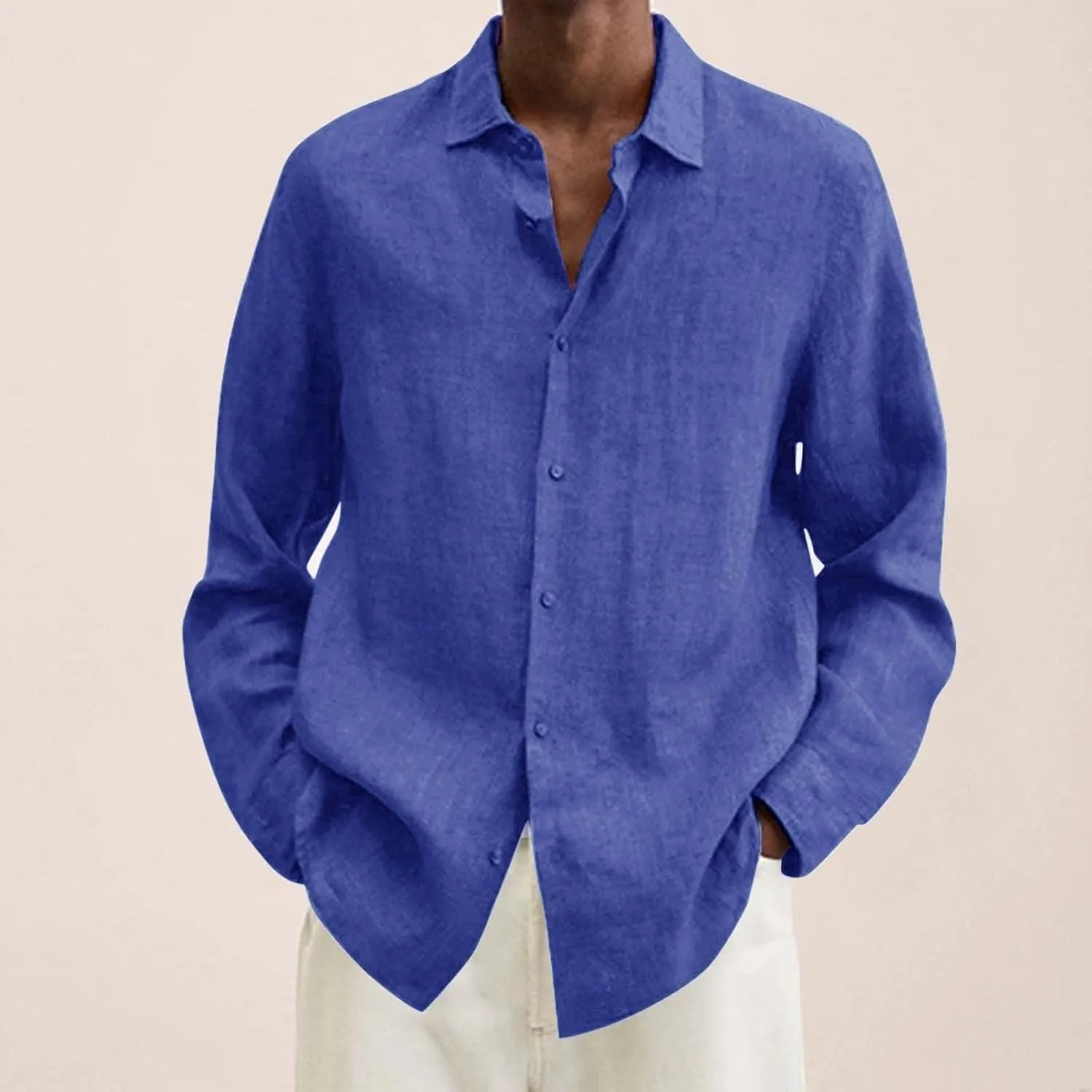 Men's Cotton Linen Shirt Long Sleeve Button Down Solid Color Shirts Lightweight Breathable Spring and Summer T Shirt