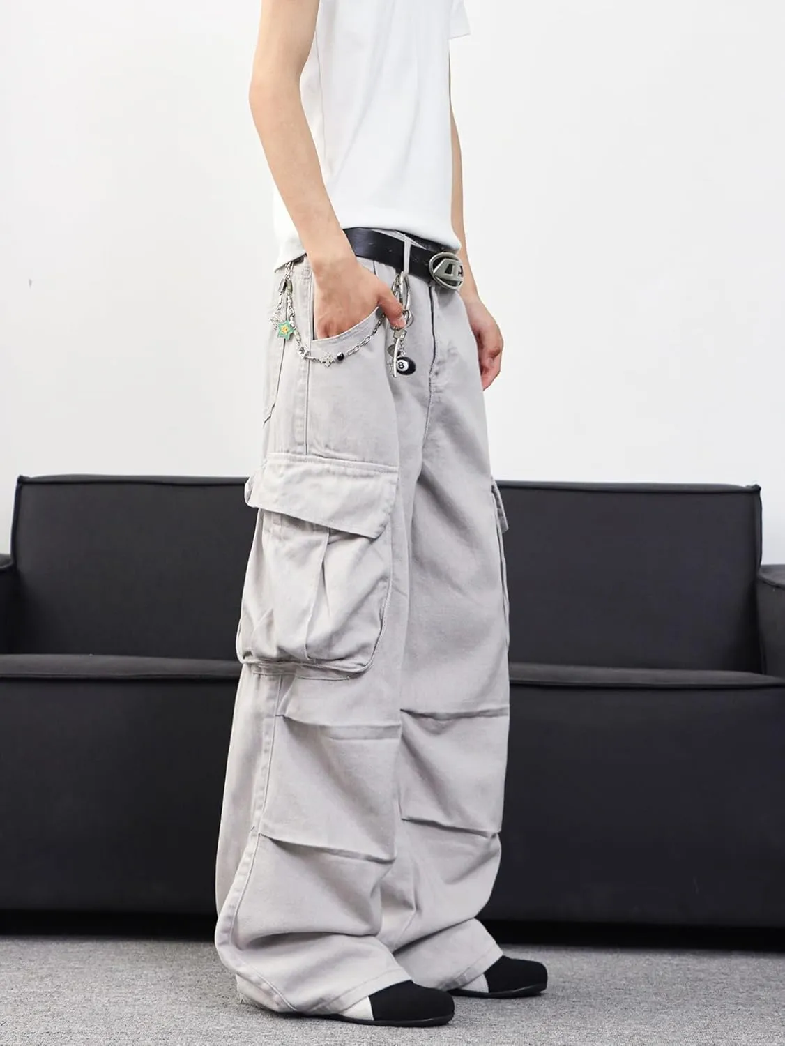 Mens Denim Baggy Pants with Cargo Pockets Mid Weight Casual Streetwear Wide Leg Jeans Hip Hop Skater Trousers