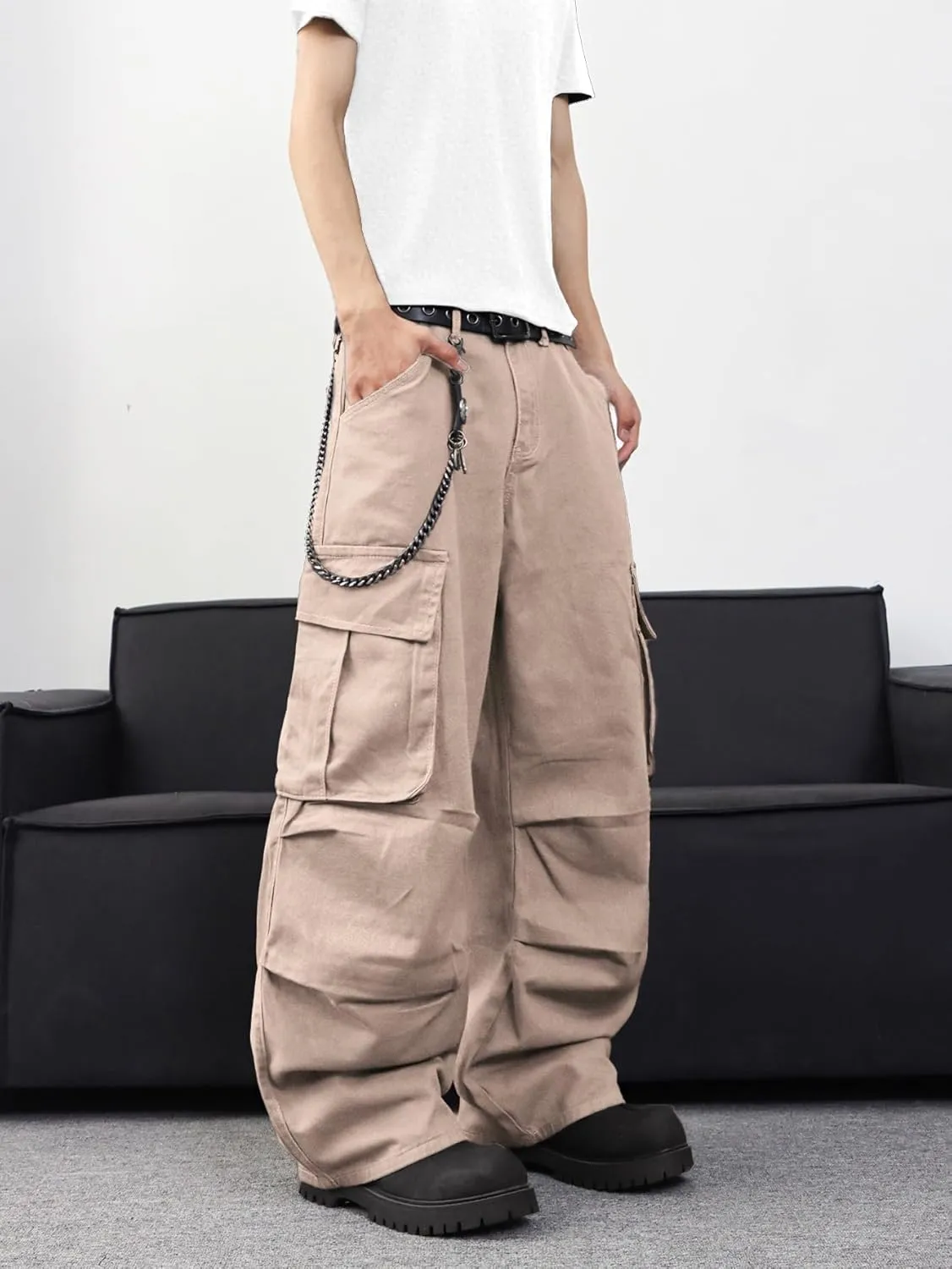 Mens Denim Baggy Pants with Cargo Pockets Mid Weight Casual Streetwear Wide Leg Jeans Hip Hop Skater Trousers