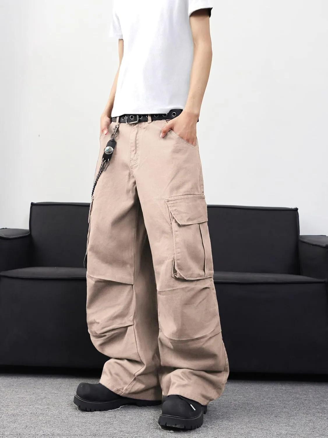Mens Denim Baggy Pants with Cargo Pockets Mid Weight Casual Streetwear Wide Leg Jeans Hip Hop Skater Trousers