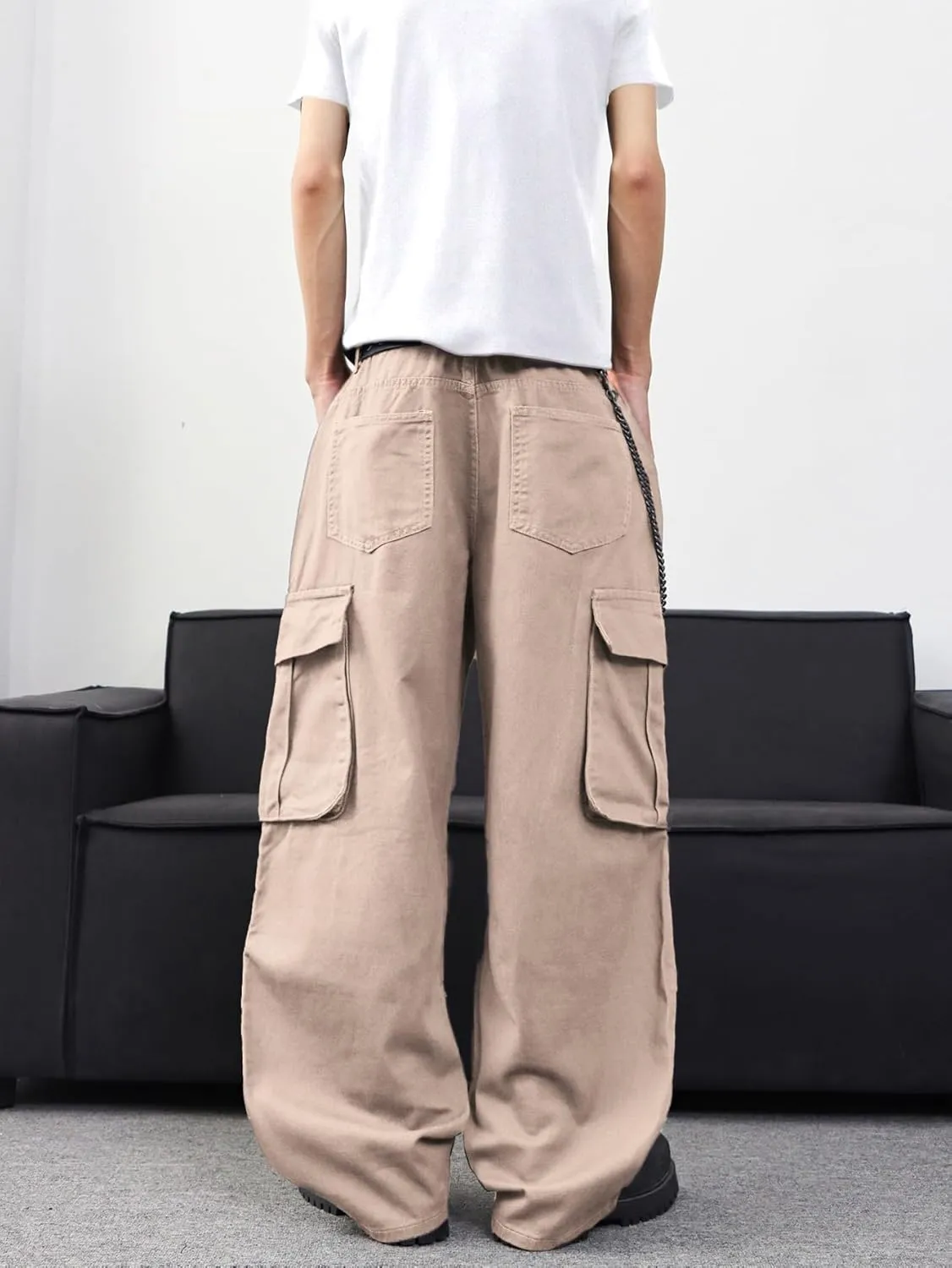 Mens Denim Baggy Pants with Cargo Pockets Mid Weight Casual Streetwear Wide Leg Jeans Hip Hop Skater Trousers
