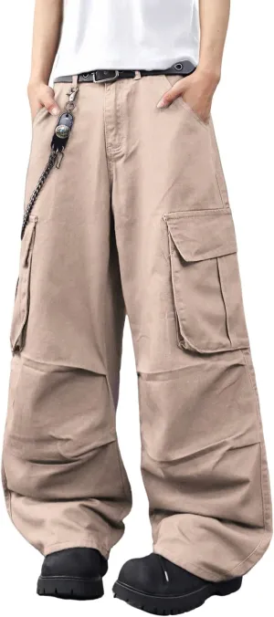 Mens Denim Baggy Pants with Cargo Pockets Mid Weight Casual Streetwear Wide Leg Jeans Hip Hop Skater Trousers