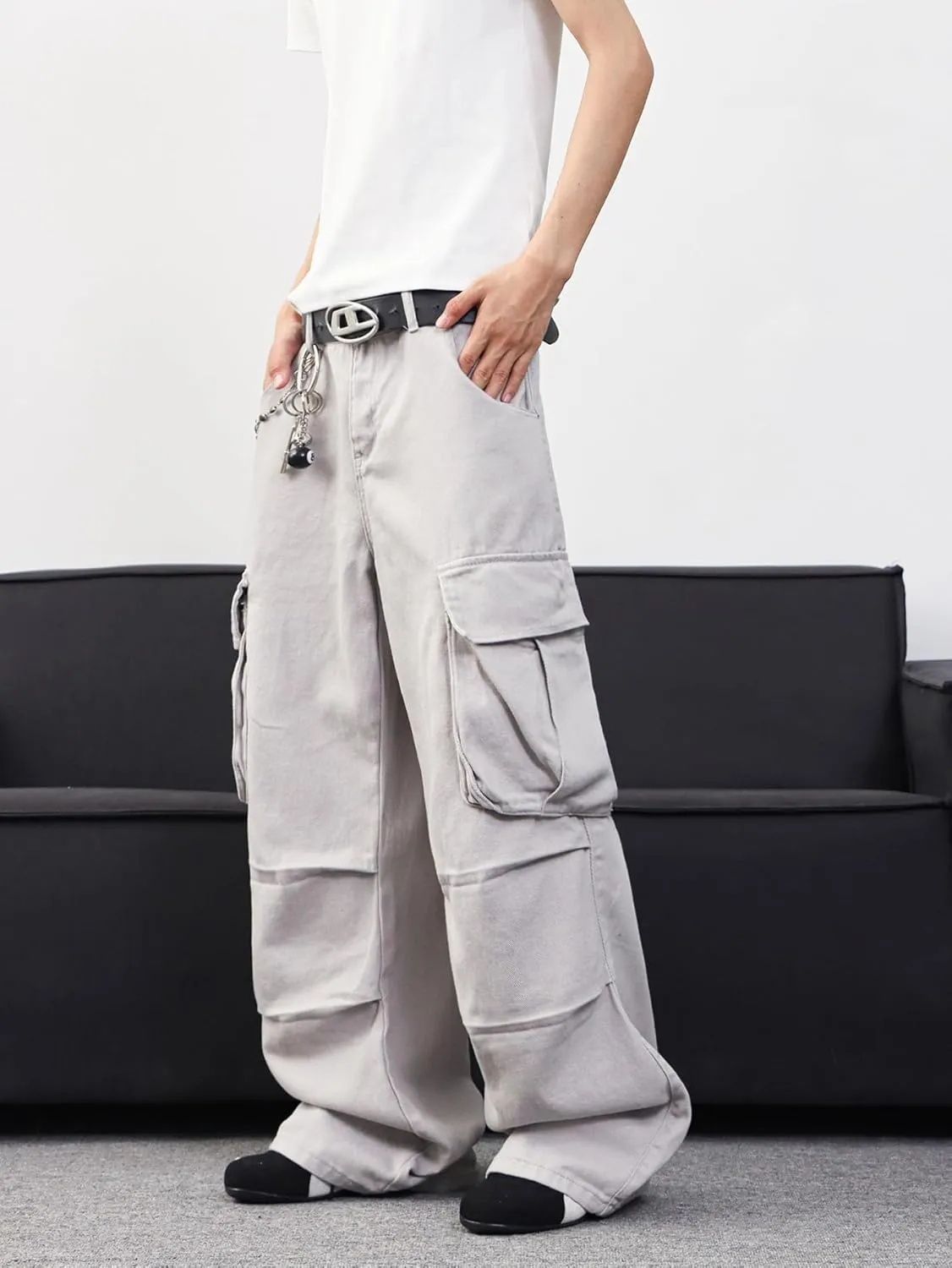 Mens Denim Baggy Pants with Cargo Pockets Mid Weight Casual Streetwear Wide Leg Jeans Hip Hop Skater Trousers