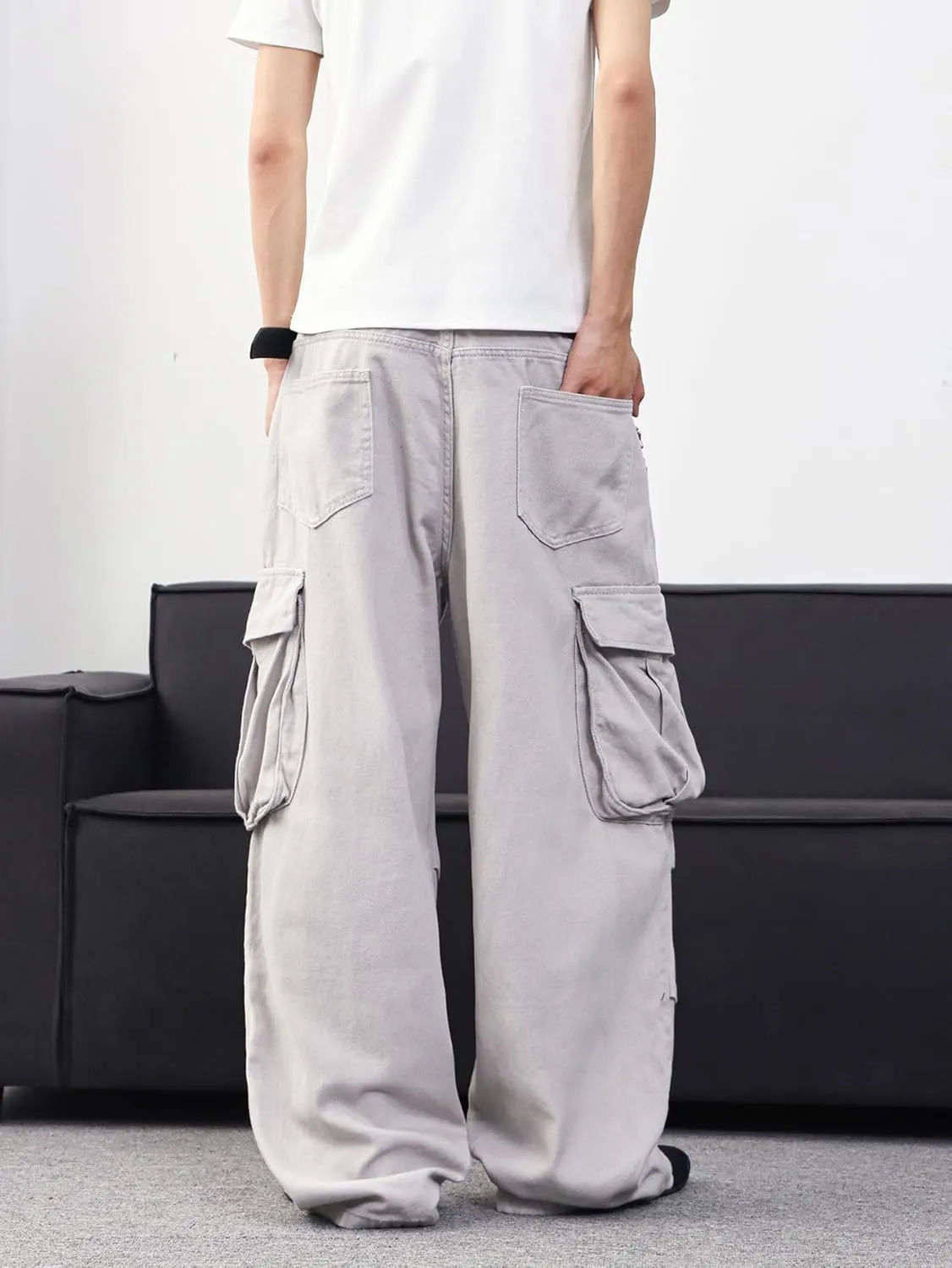 Mens Denim Baggy Pants with Cargo Pockets Mid Weight Casual Streetwear Wide Leg Jeans Hip Hop Skater Trousers