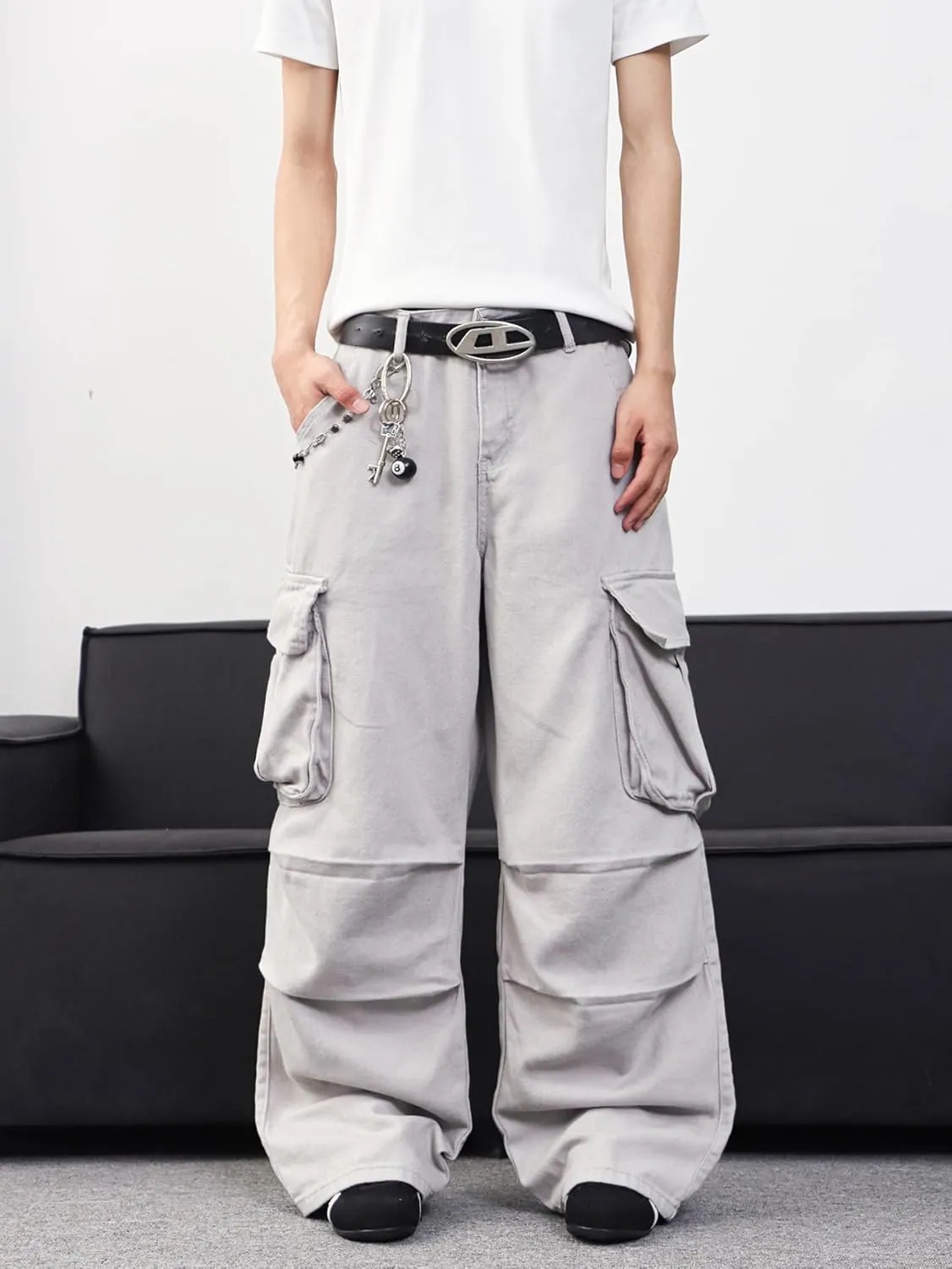 Mens Denim Baggy Pants with Cargo Pockets Mid Weight Casual Streetwear Wide Leg Jeans Hip Hop Skater Trousers