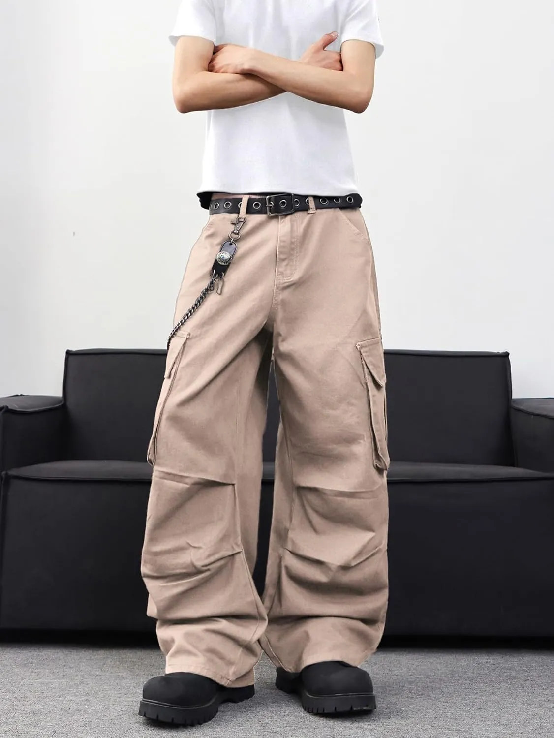 Mens Denim Baggy Pants with Cargo Pockets Mid Weight Casual Streetwear Wide Leg Jeans Hip Hop Skater Trousers