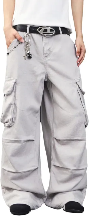 Mens Denim Baggy Pants with Cargo Pockets Mid Weight Casual Streetwear Wide Leg Jeans Hip Hop Skater Trousers