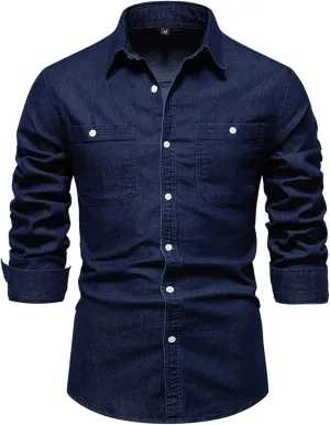 Men's Denim Shirt Long Sleeve Button Down Shirts with Pockets Regular Fit Lapel Jean Shirts Work Shirts for Men