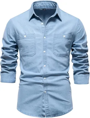 Men's Denim Shirt Long Sleeve Button Down Shirts with Pockets Regular Fit Lapel Jean Shirts Work Shirts for Men
