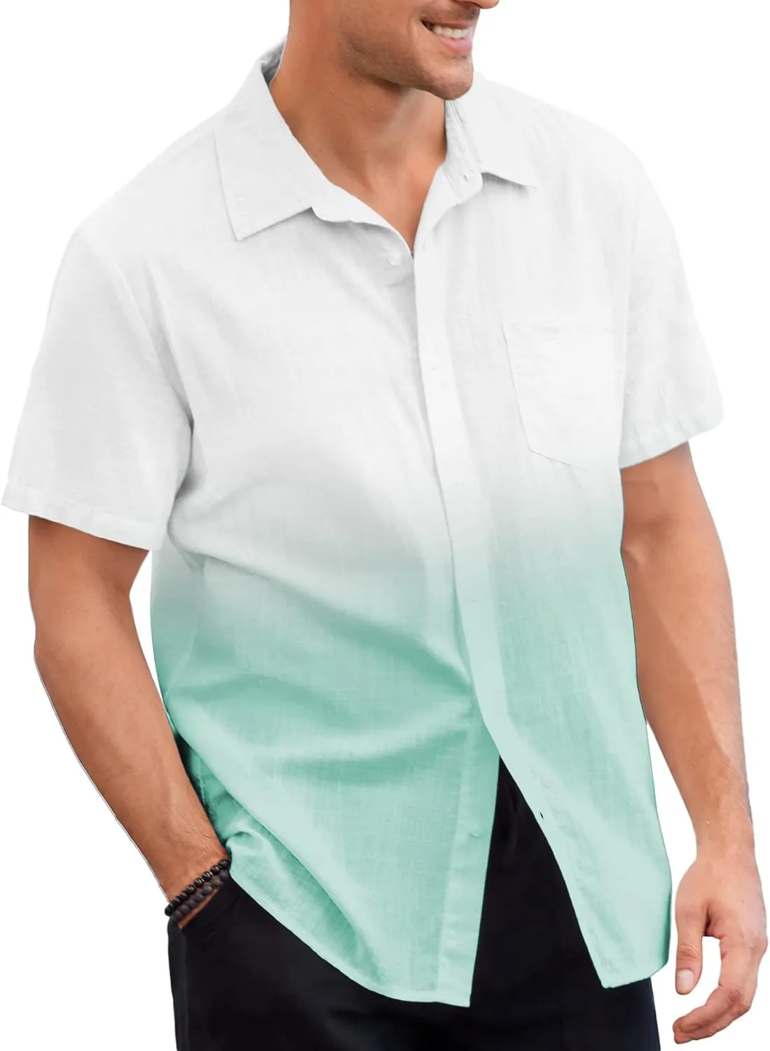 Mens Gradient Linen Shirts Casual Button Down Short Sleeve Beach Summer Shirts