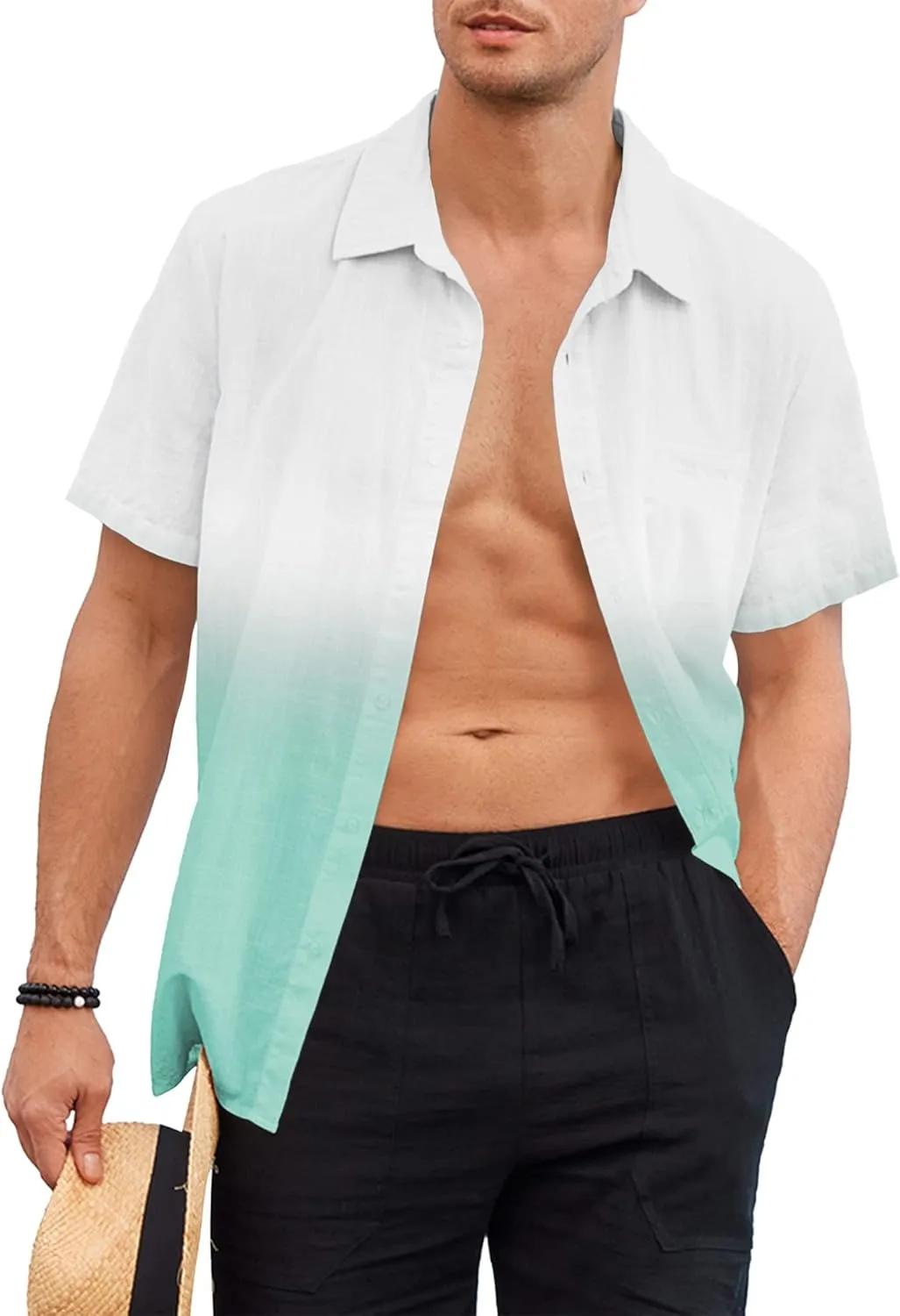 Mens Gradient Linen Shirts Casual Button Down Short Sleeve Beach Summer Shirts
