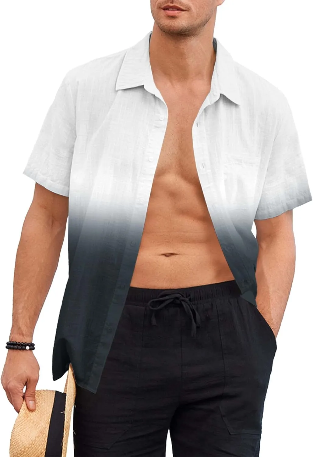 Mens Gradient Linen Shirts Casual Button Down Short Sleeve Beach Summer Shirts