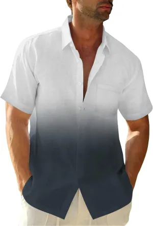 Mens Gradient Linen Shirts Casual Button Down Short Sleeve Beach Summer Shirts
