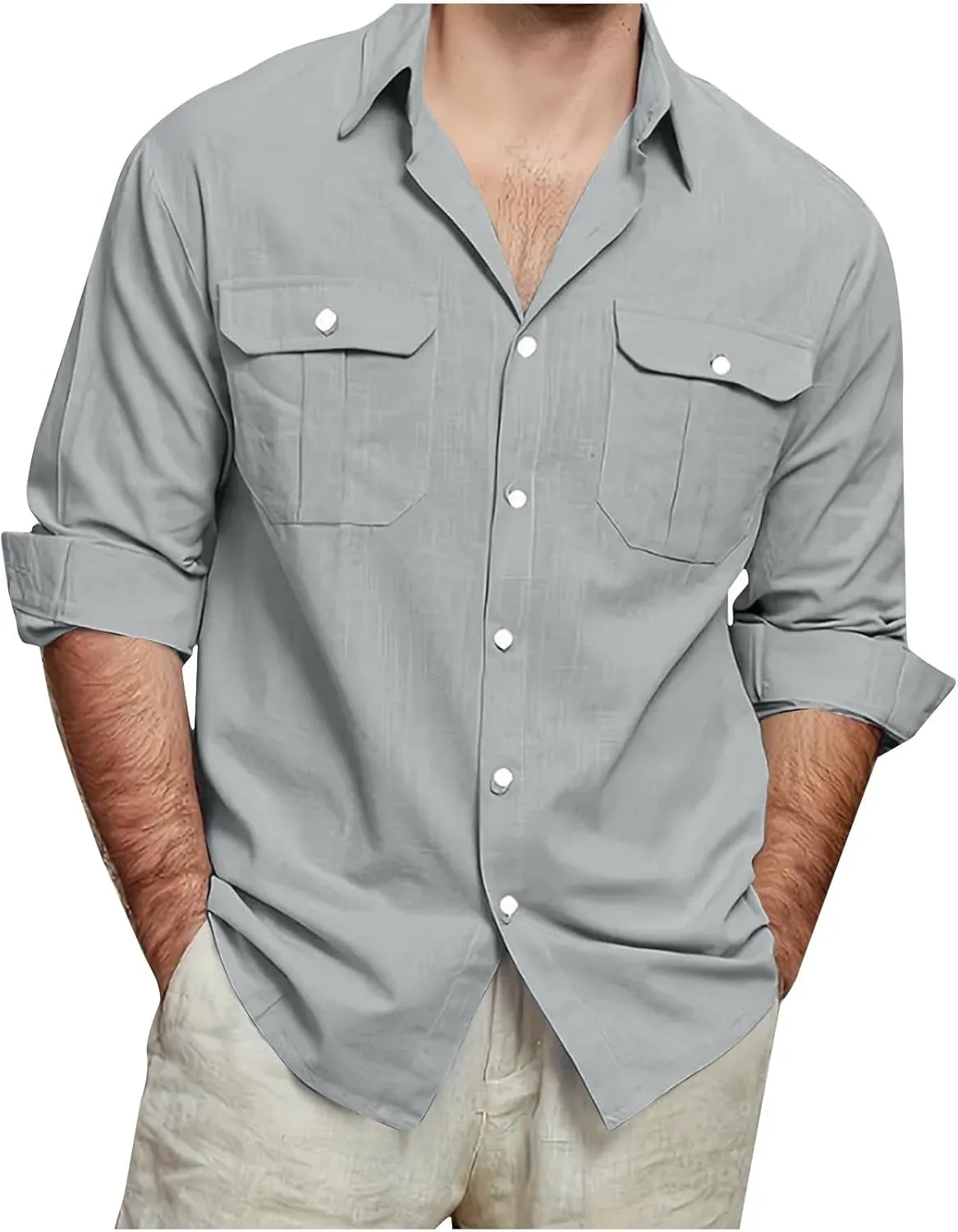 Mens Linen Shirt Long Sleeve Button Down Solid Color Beach Hawaiian Shirts Plus Size Loose Blouse with Pocket 2025