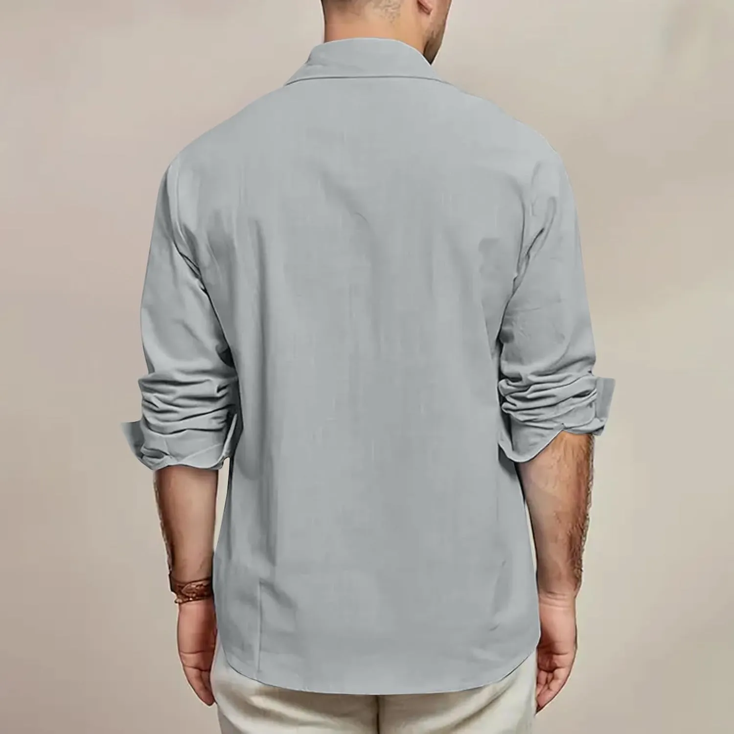 Mens Linen Shirt Long Sleeve Button Down Solid Color Beach Hawaiian Shirts Plus Size Loose Blouse with Pocket 2025