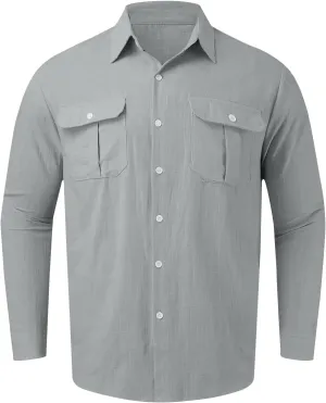 Mens Linen Shirt Long Sleeve Button Down Solid Color Beach Hawaiian Shirts Plus Size Loose Blouse with Pocket 2025