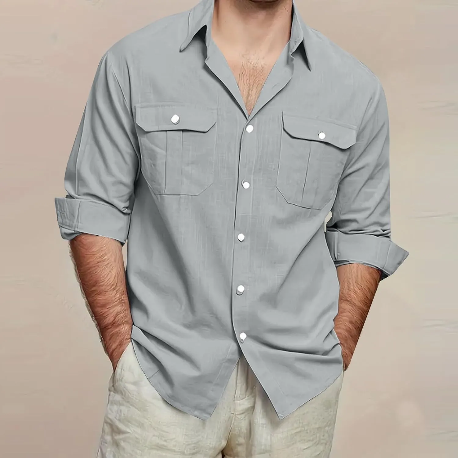 Mens Linen Shirt Long Sleeve Button Down Solid Color Beach Hawaiian Shirts Plus Size Loose Blouse with Pocket 2025