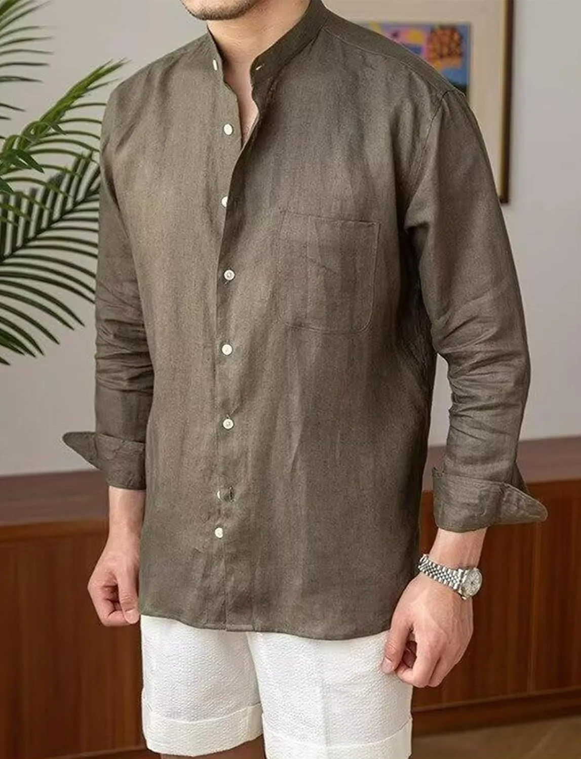 Men’s Linen Shirts Casual Long Sleeve Buttons Down Solid Shirt Summer Beach