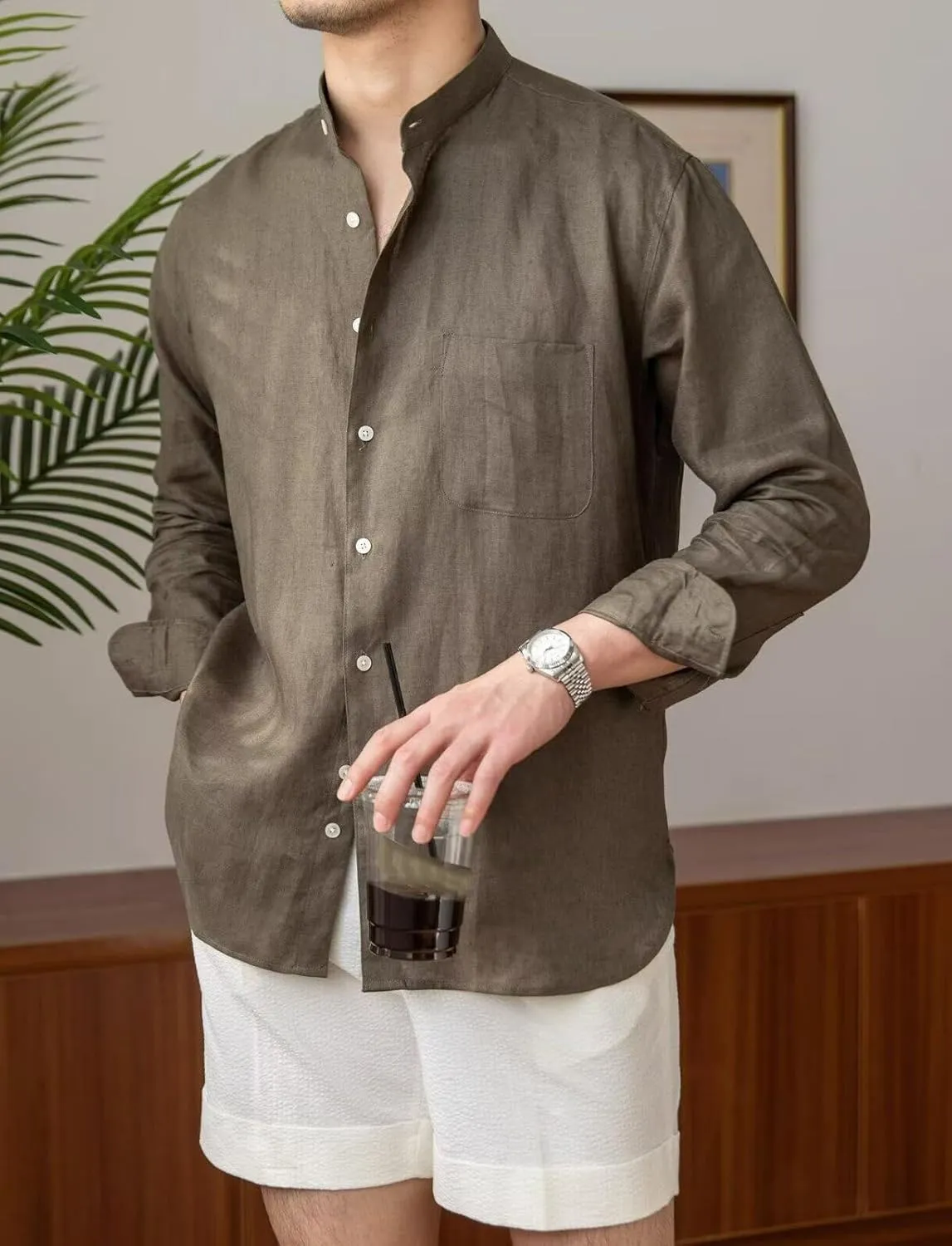 Men’s Linen Shirts Casual Long Sleeve Buttons Down Solid Shirt Summer Beach