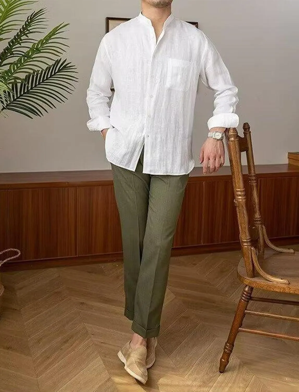 Men’s Linen Shirts Casual Long Sleeve Buttons Down Solid Shirt Summer Beach
