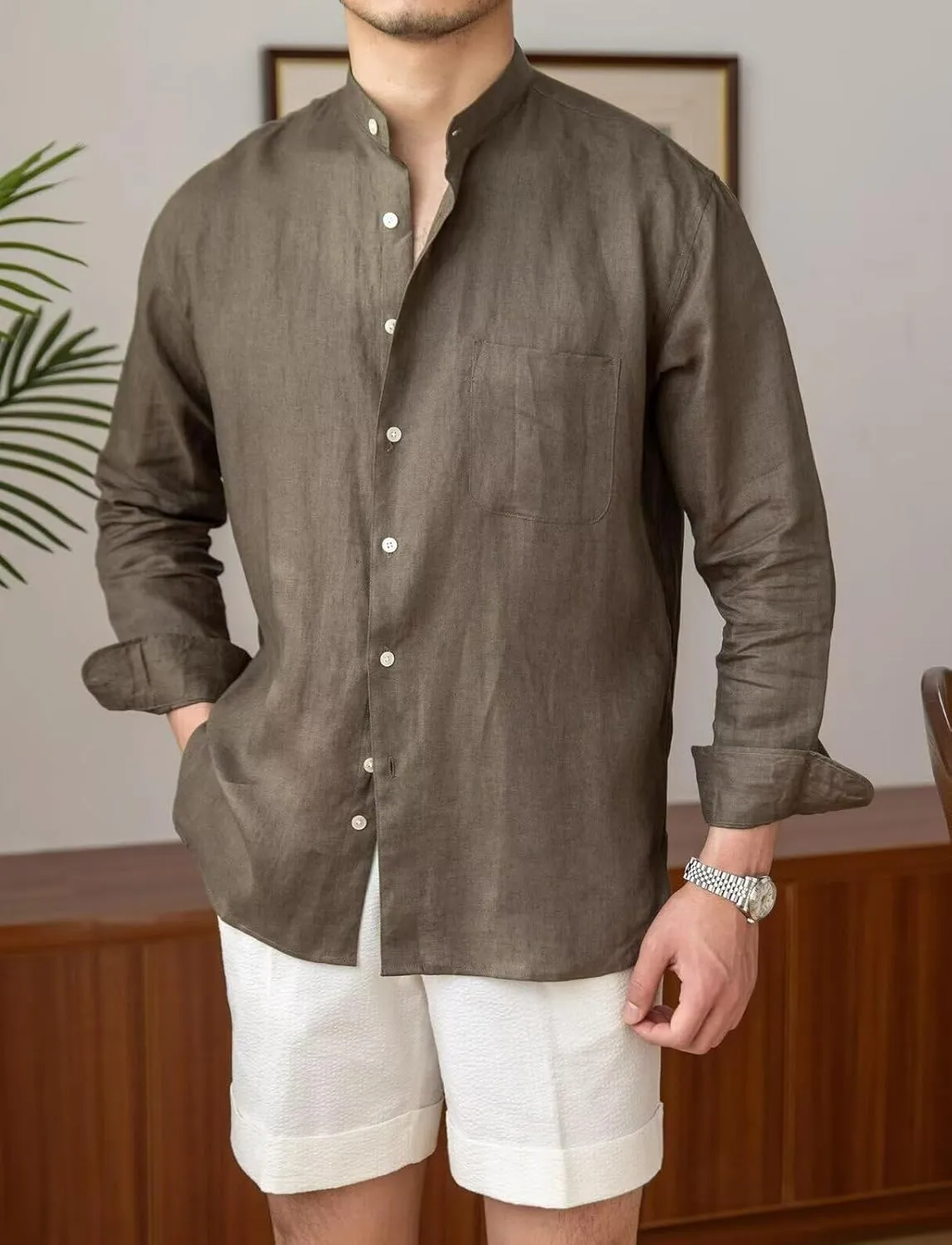 Men’s Linen Shirts Casual Long Sleeve Buttons Down Solid Shirt Summer Beach