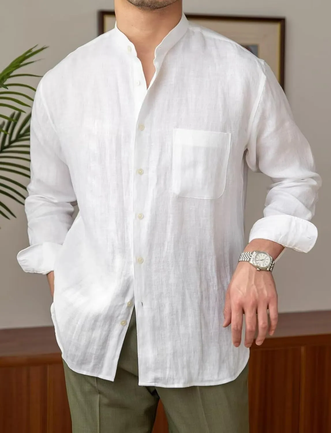 Men’s Linen Shirts Casual Long Sleeve Buttons Down Solid Shirt Summer Beach