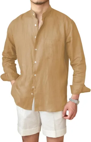 Men’s Linen Shirts Casual Long Sleeve Buttons Down Solid Shirt Summer Beach
