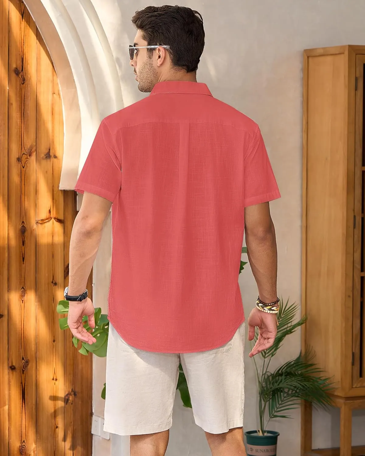 Mens Linen Shirts Short Sleeve Button Down Shirt Casual Cuban Guayabera Lightweight Summer Beach Solid Tops