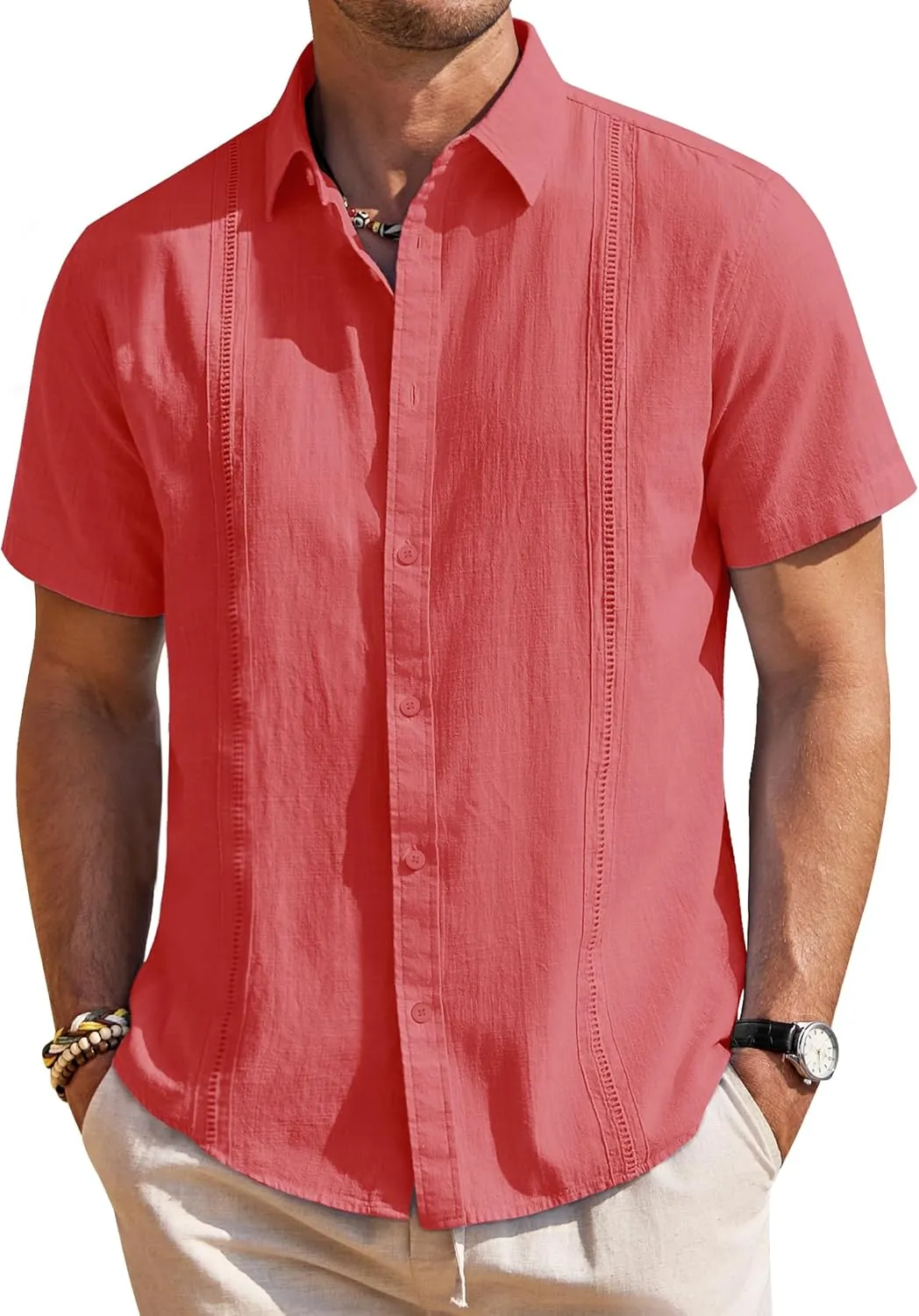Mens Linen Shirts Short Sleeve Button Down Shirt Casual Cuban Guayabera Lightweight Summer Beach Solid Tops