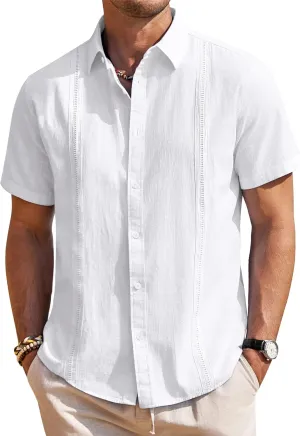 Mens Linen Shirts Short Sleeve Button Down Shirt Casual Cuban Guayabera Lightweight Summer Beach Solid Tops
