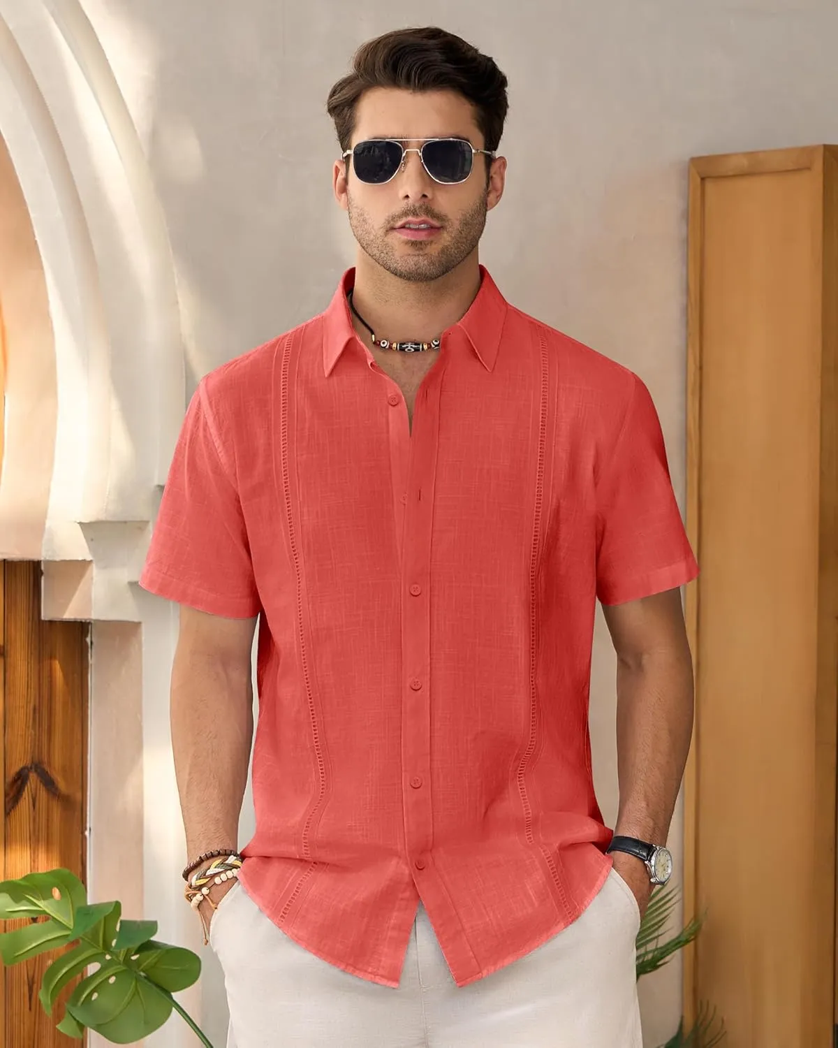 Mens Linen Shirts Short Sleeve Button Down Shirt Casual Cuban Guayabera Lightweight Summer Beach Solid Tops