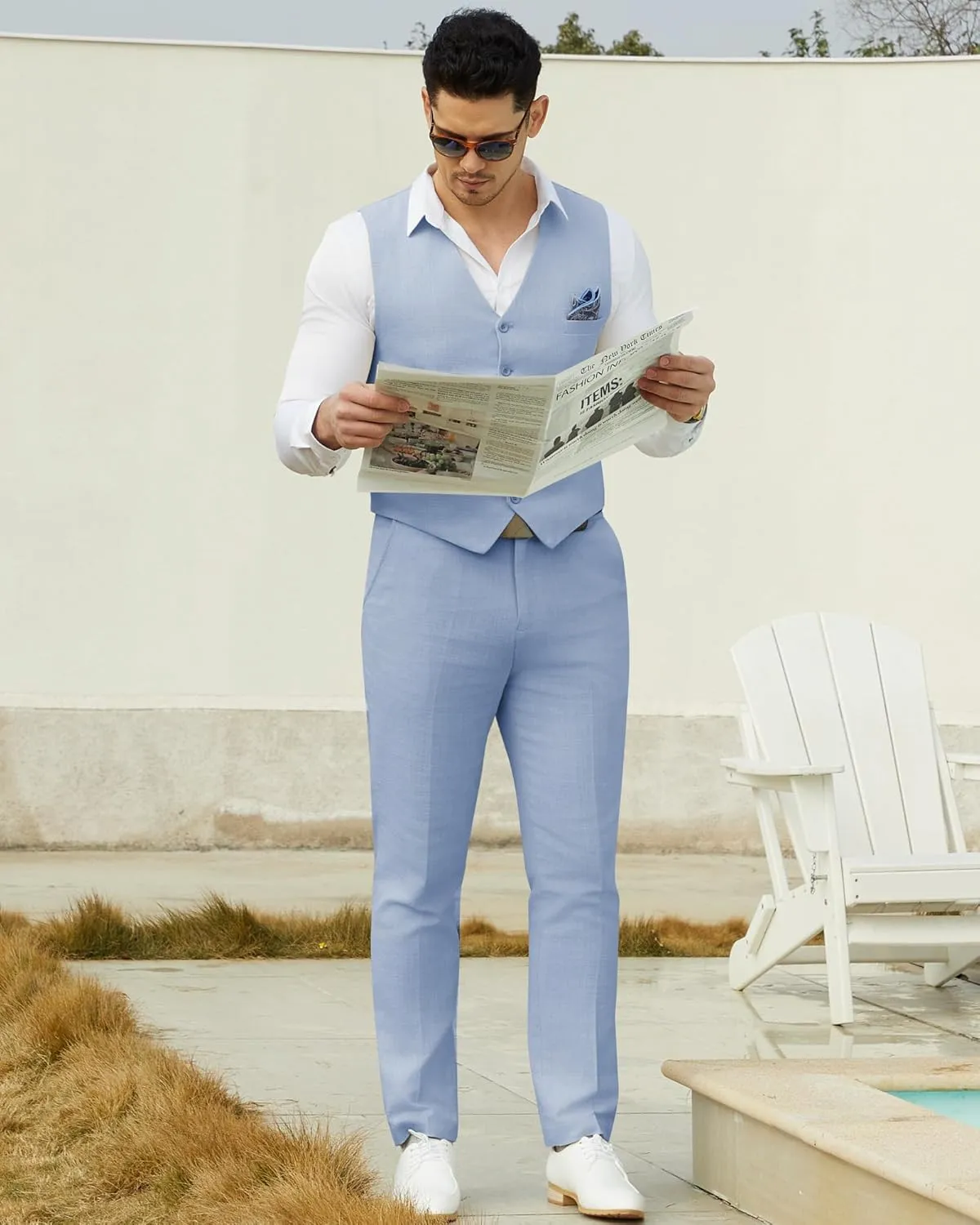 Men’s Linen Suit Slim Fit 2 Piece Lightweight Summer Suits Wedding Vest Pants Set with Pocket Square