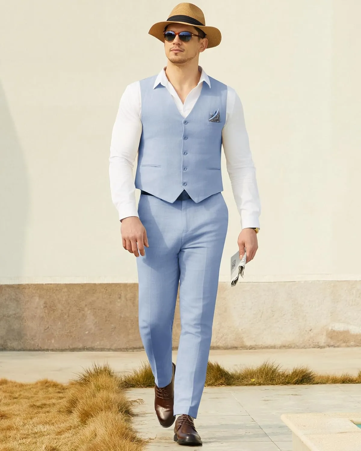 Men’s Linen Suit Slim Fit 2 Piece Lightweight Summer Suits Wedding Vest Pants Set with Pocket Square