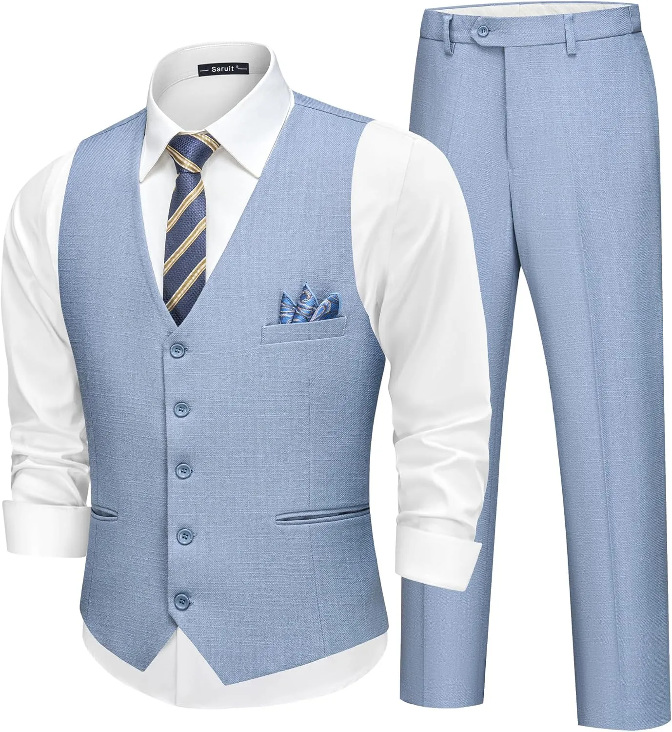Men’s Linen Suit Slim Fit 2 Piece Lightweight Summer Suits Wedding Vest Pants Set with Pocket Square