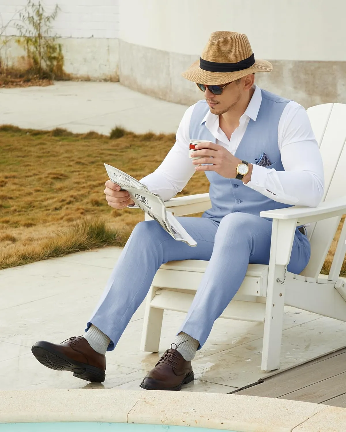 Men’s Linen Suit Slim Fit 2 Piece Lightweight Summer Suits Wedding Vest Pants Set with Pocket Square