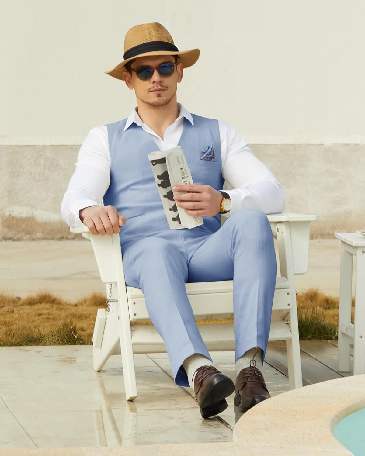 Men’s Linen Suit Slim Fit 2 Piece Lightweight Summer Suits Wedding Vest Pants Set with Pocket Square